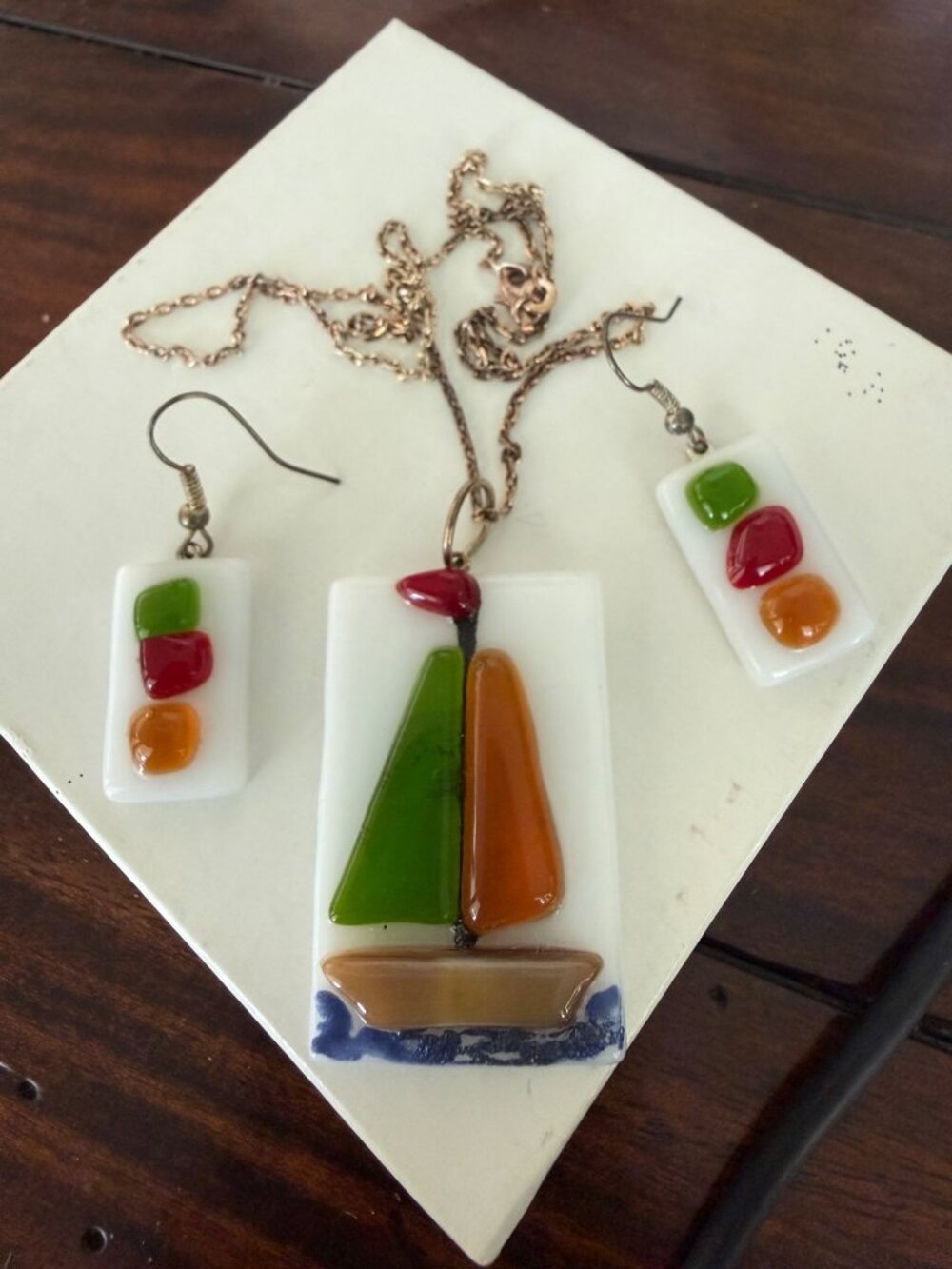 Sea Glass And Milk Glass Demi Parure Pendant And Earrings Puerto Rico
